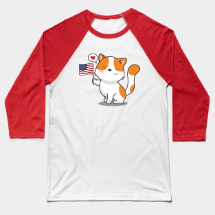 Cute Cat Holding American Flag Baseball T-Shirt